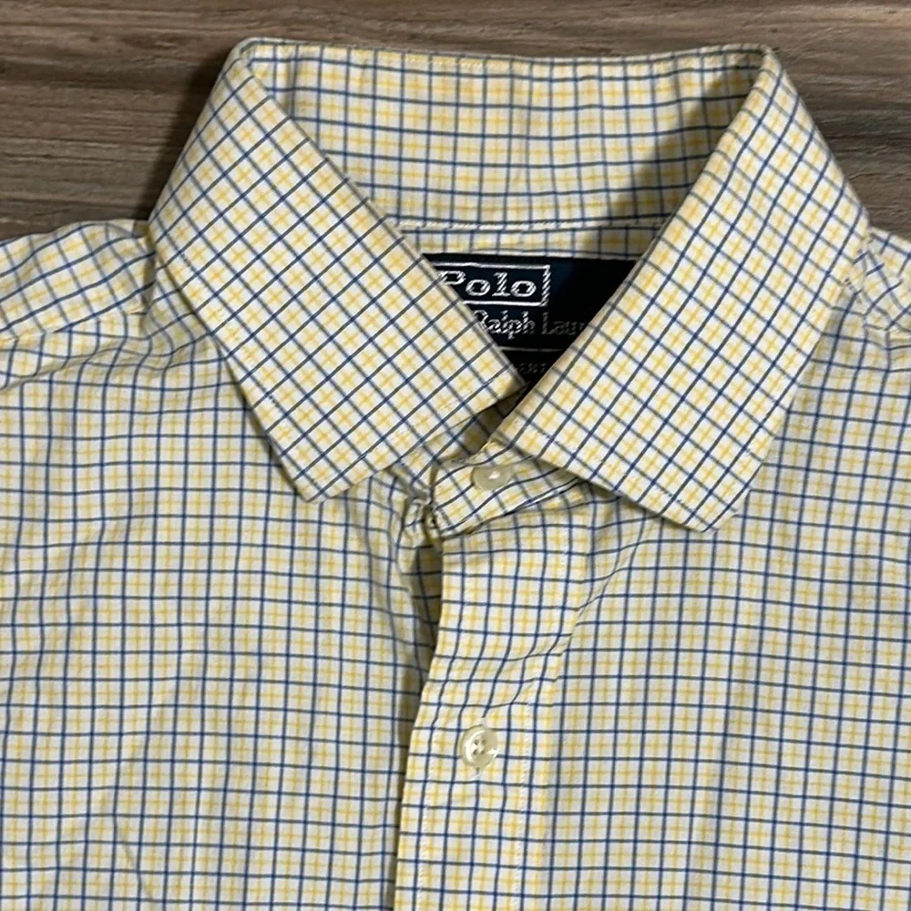 Polo Ralph Lauren Dress Shirt Mens 16 Regent Classic Fit Yellow Blue Plaid